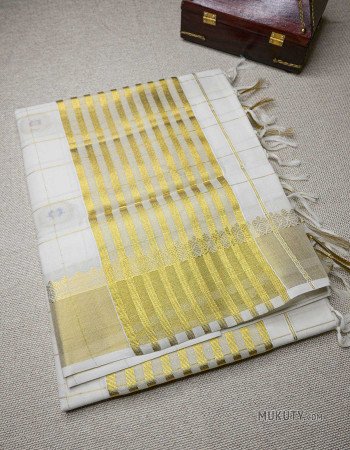 Kerala Traditional Golden Set Saree with dot embroidery