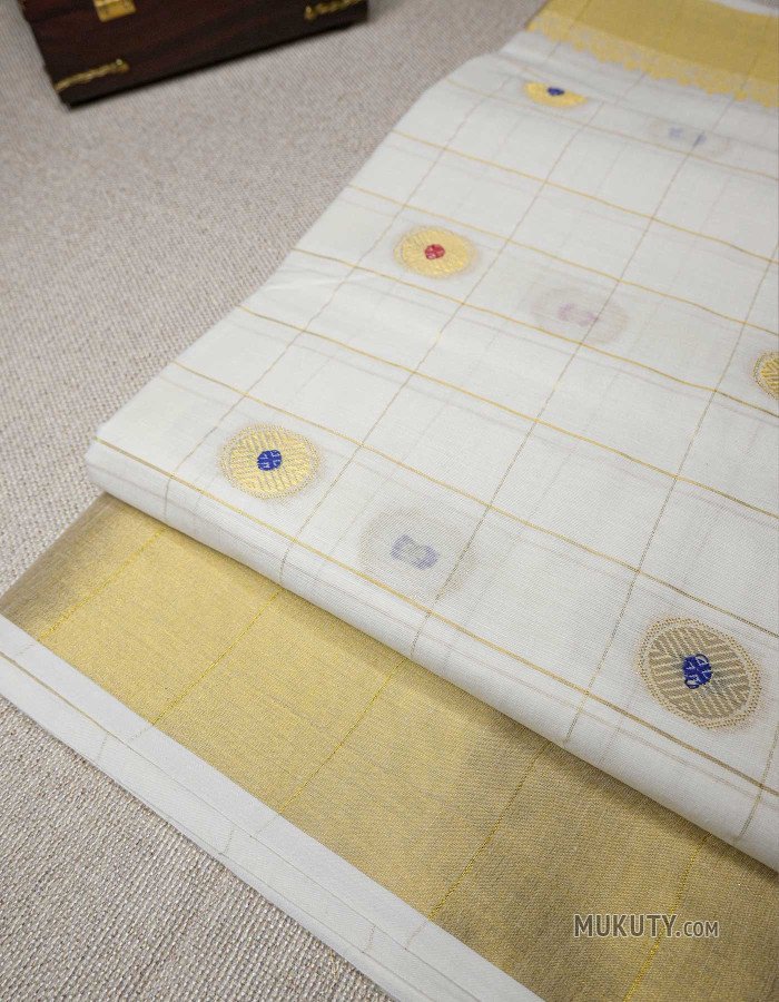 Kerala Traditional Golden Set Saree with dot embroidery