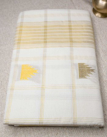 Kerala Golden Kasavu Set Saree Check and Temple deesign