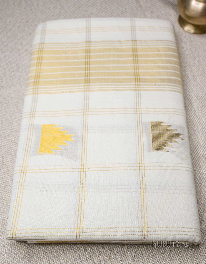 Kerala Golden Kasavu Set Saree Check and Temple deesign Kerala Golden Kasavu Set Saree Check and Temple deesign