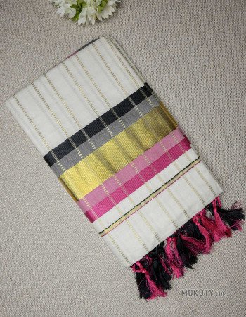 Kerala Kasavu Set Saree with Black and Pink Borders