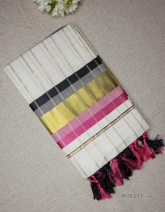 Kerala Kasavu Set Saree with Black and Pink Borders