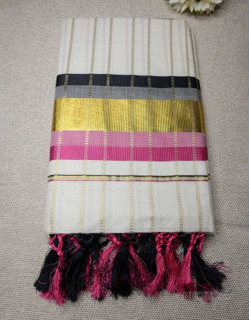 Kerala Kasavu Set Saree with Black and Pink Borders