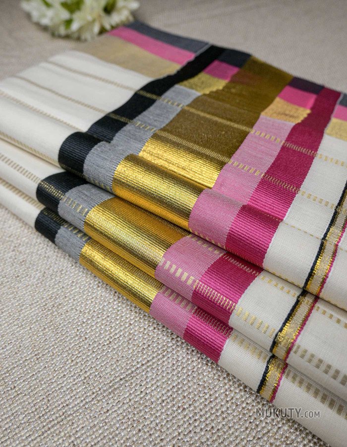 Kerala Kasavu Set Saree with Black and Pink Borders