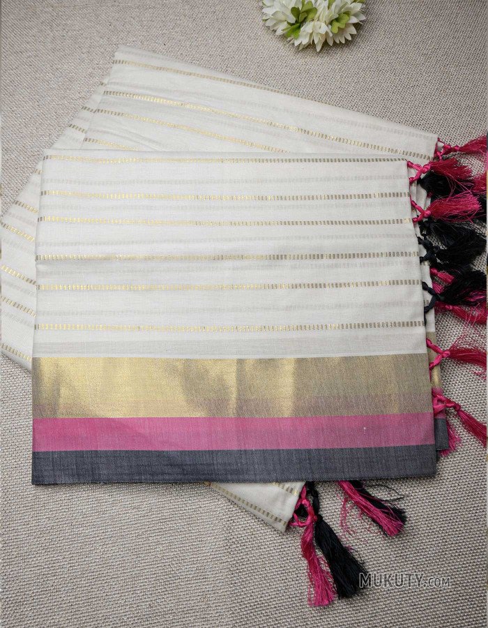 Kerala Kasavu Set Saree with Black and Pink Borders