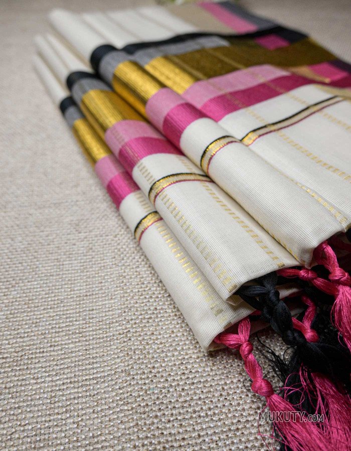 Kerala Kasavu Set Saree with Black and Pink Borders