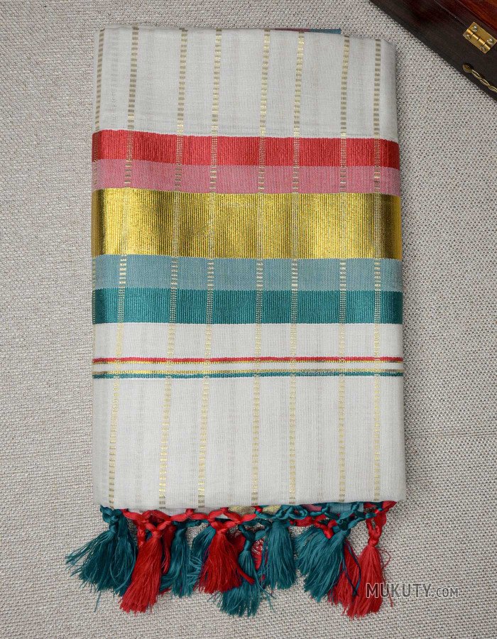 Kerala Kasavu Set Saree with Red and Green Borders