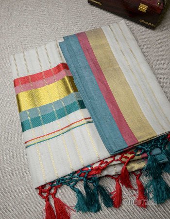 Kerala Kasavu Set Saree with Red and Green Borders