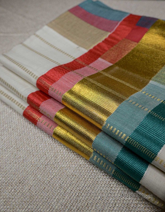 Kerala Kasavu Set Saree with Red and Green Borders