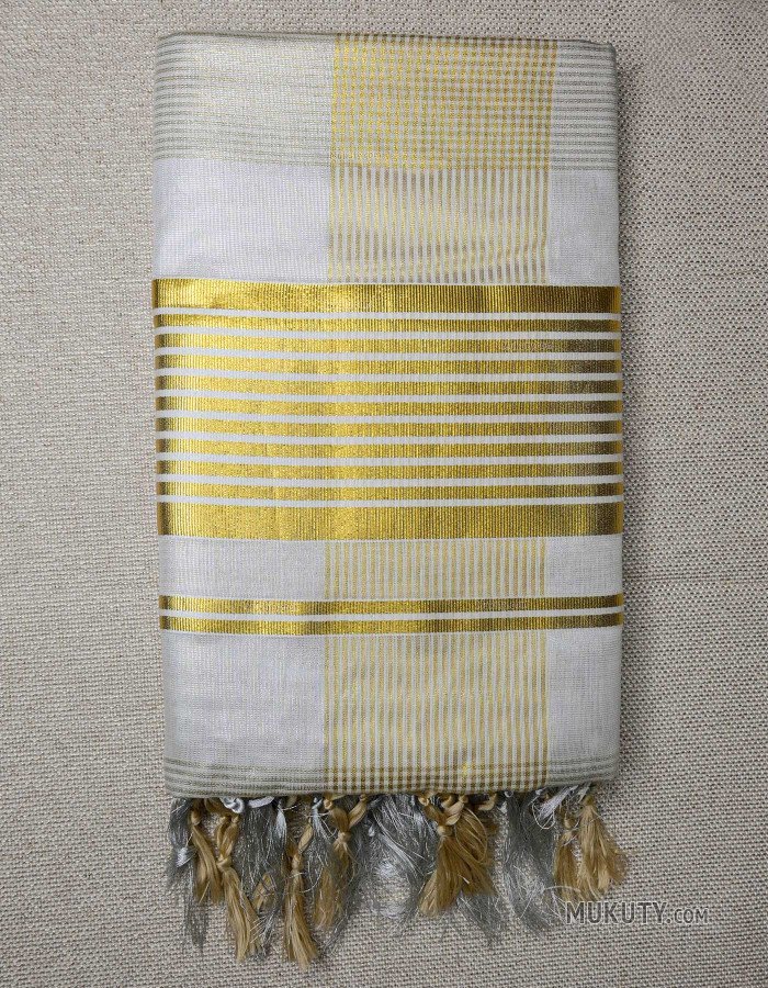Kerala Traditional Gold Silver Checked Set Saree