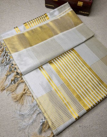 Kerala Traditional Gold Silver Checked Set Saree
