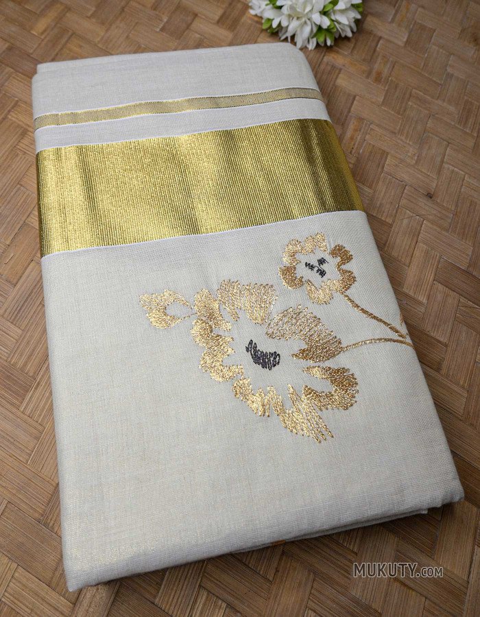 Kerala Traditional Golden Tissue Set Saree with Floral Embroidery