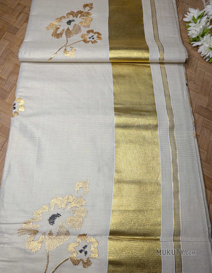 Kerala Traditional Golden Tissue Set Saree with Floral Embroidery