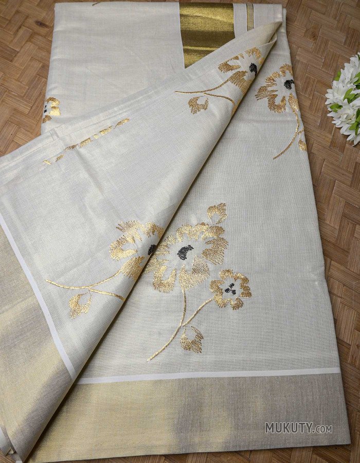 Kerala Traditional Golden Tissue Set Saree with Floral Embroidery