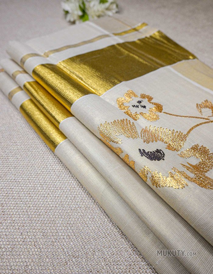 Kerala Traditional Golden Tissue Set Saree with Floral Embroidery