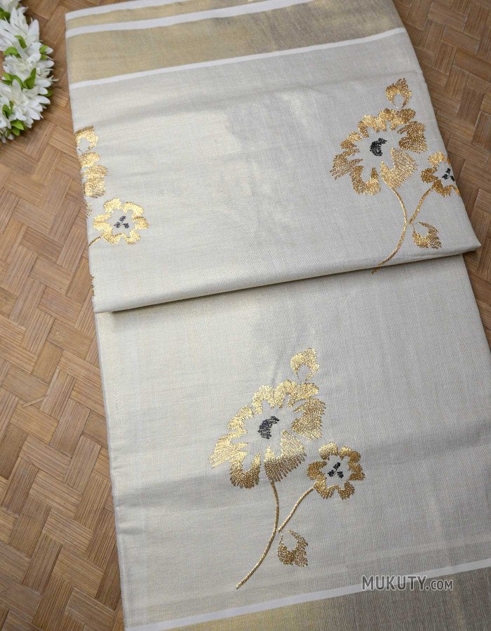 Kerala Traditional Golden Tissue Set Saree with Floral Embroidery