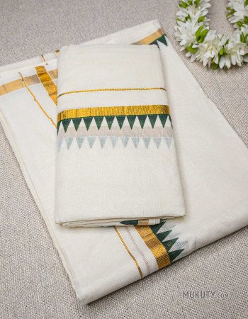 Cotton Set Mundu Temple Printing Green