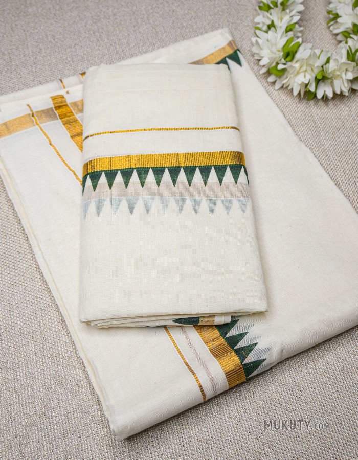 Cotton Set Mundu Temple Printing Green