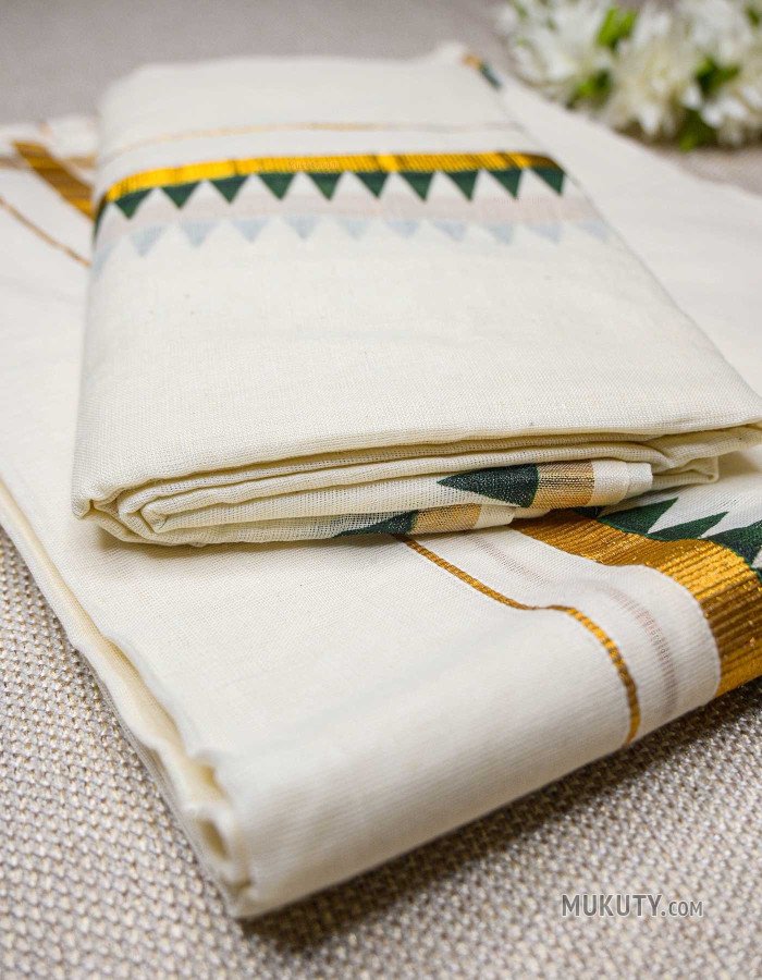 Cotton Set Mundu Temple Printing Green