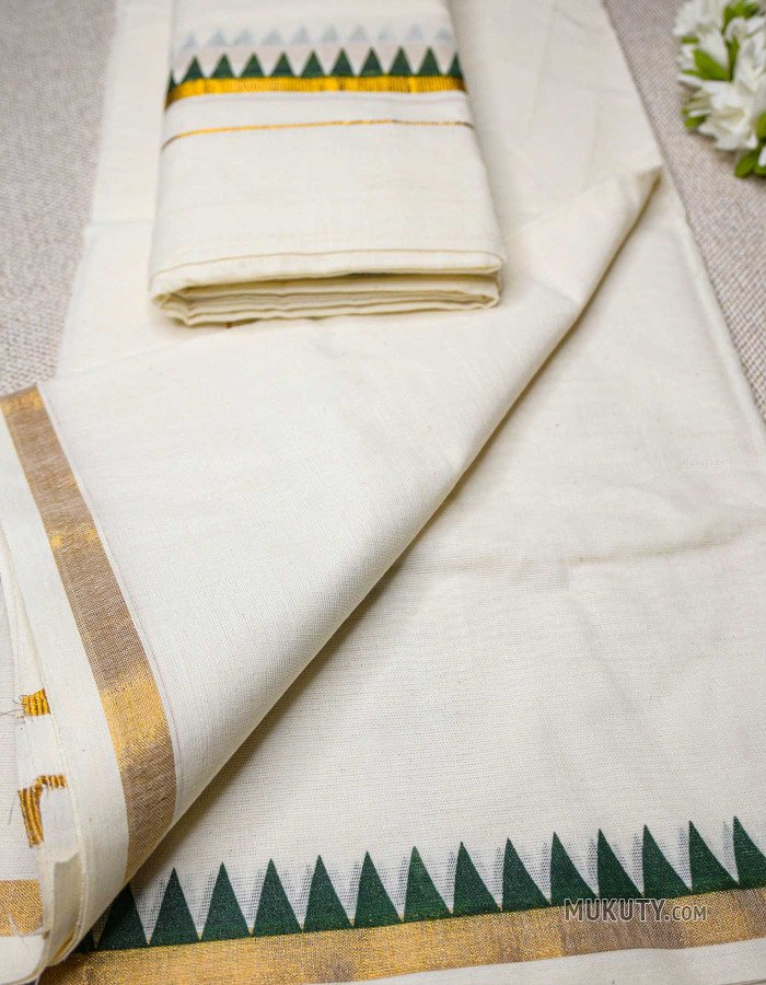 Cotton Set Mundu Temple Printing Green