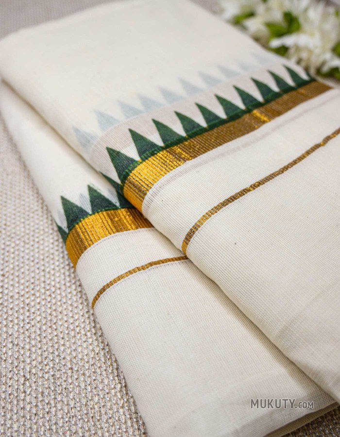 Cotton Set Mundu Temple Printing Green