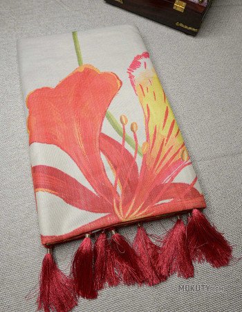 Kerala Set Saree with Gulmohar Floral Print Design