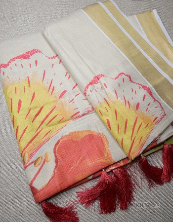 Kerala Set Saree with Gulmohar Floral Print Design