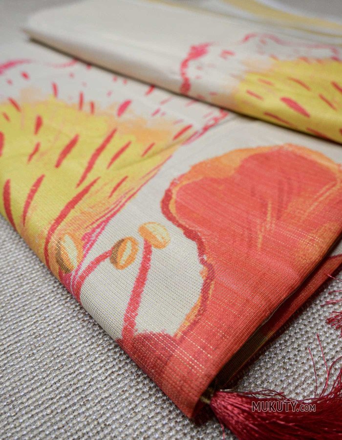 Kerala Set Saree with Gulmohar Floral Print Design