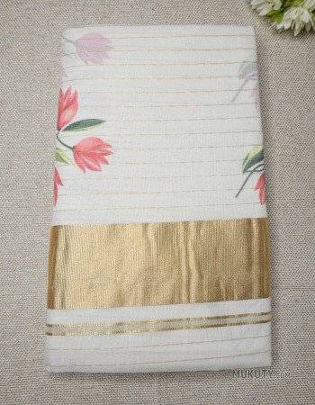 Kerala Traditional Golden Set Saree with Floral Print Design