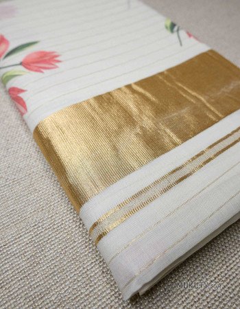 Kerala Traditional Golden Set Saree with Floral Print Design