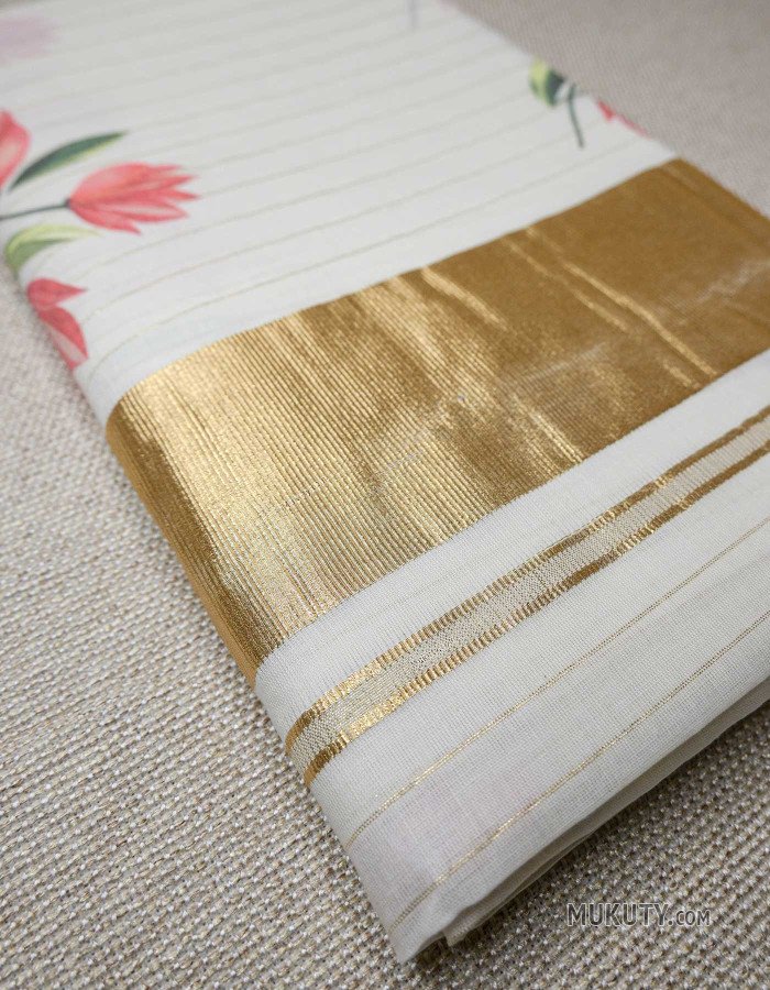 Kerala Traditional Golden Set Saree with Floral Print Design Kerala Traditional Golden Set Saree with Floral Print Design