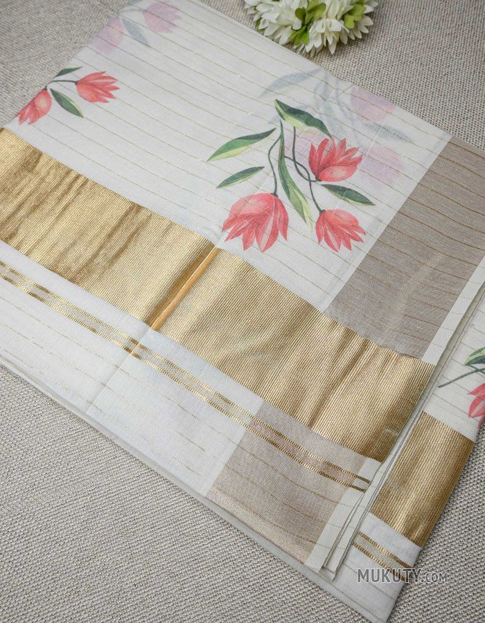 Kerala Traditional Golden Set Saree with Floral Print Design Kerala Traditional Golden Set Saree with Floral Print Design