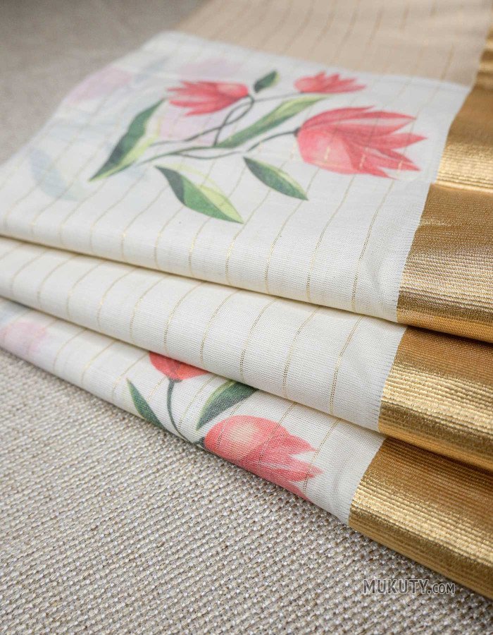 Kerala Traditional Golden Set Saree with Floral Print Design Kerala Traditional Golden Set Saree with Floral Print Design