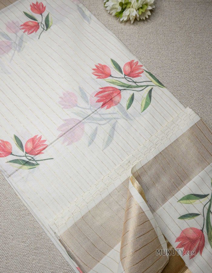 Kerala Traditional Golden Set Saree with Floral Print Design Kerala Traditional Golden Set Saree with Floral Print Design