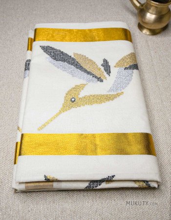 Kerala Traditional Golden Set Saree with Floral bird Embroidery Black