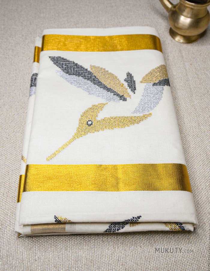 Kerala Traditional Golden Set Saree with Floral bird Embroidery Black Kerala Traditional Golden Set Saree with Floral bird Embroidery Black