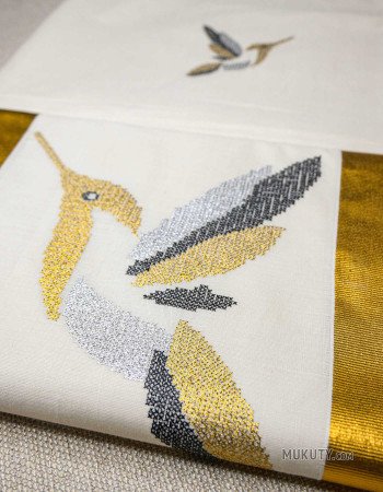 Kerala Traditional Golden Set Saree with Floral bird Embroidery Black Kerala Traditional Golden Set Saree with Floral bird Embroidery Black