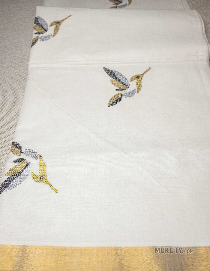 Kerala Traditional Golden Set Saree with Floral bird Embroidery Black Kerala Traditional Golden Set Saree with Floral bird Embroidery Black