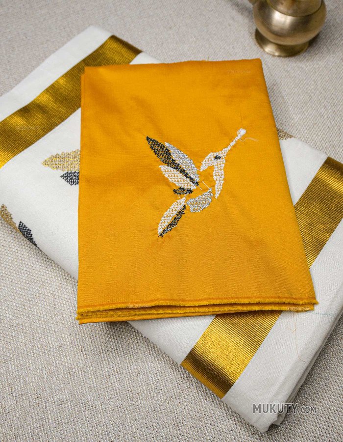 Kerala Traditional Golden Set Saree with Floral bird Embroidery Black Kerala Traditional Golden Set Saree with Floral bird Embroidery Black