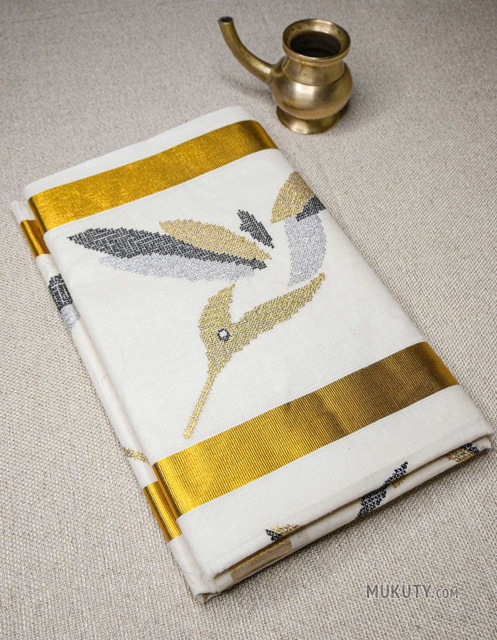 Kerala Traditional Golden Set Saree with Floral bird Embroidery Black Kerala Traditional Golden Set Saree with Floral bird Embroidery Black