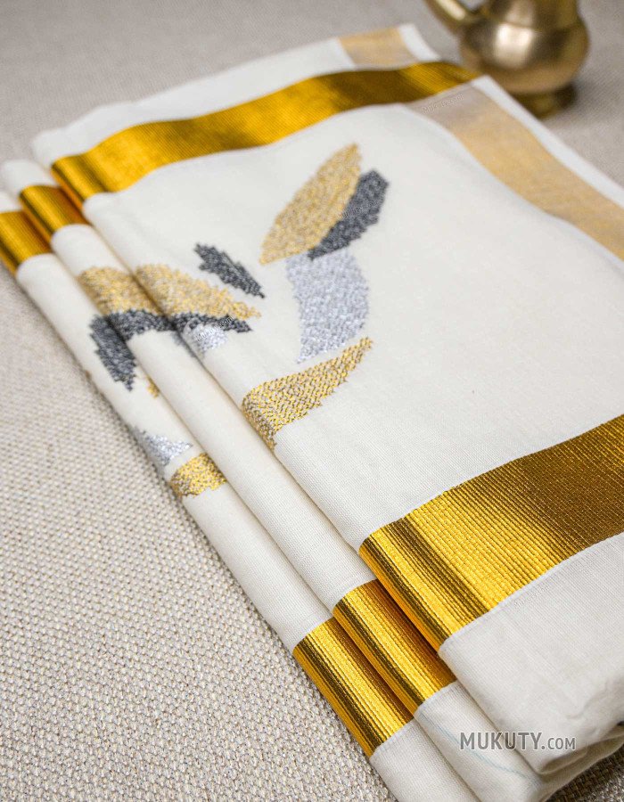 Kerala Traditional Golden Set Saree with Floral bird Embroidery Black Kerala Traditional Golden Set Saree with Floral bird Embroidery Black