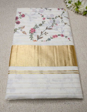Kerala Traditional Golden Set Saree with Floral Print onion Design