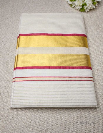 Kerala Traditional Golden Tissue Set Saree with Golden Line Design Red