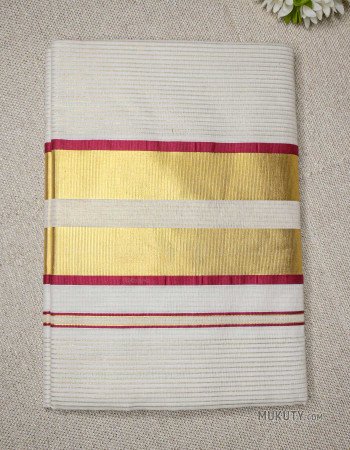 Kerala Traditional Golden Tissue Set Saree with Golden Line Design Red