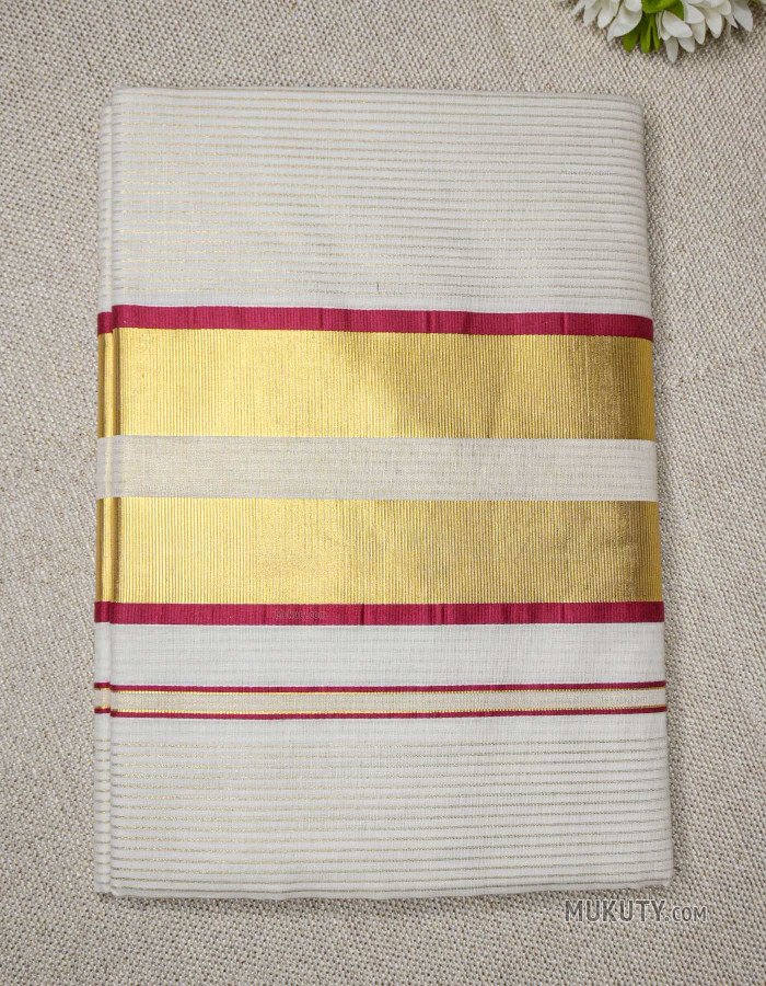 Kerala Traditional Golden Tissue Set Saree with Golden Line Design Red Kerala Traditional Golden Tissue Set Saree with Golden Line Design Red