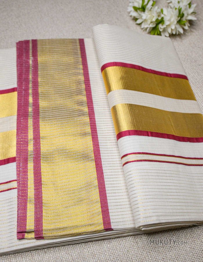 Kerala Traditional Golden Tissue Set Saree with Golden Line Design Red Kerala Traditional Golden Tissue Set Saree with Golden Line Design Red