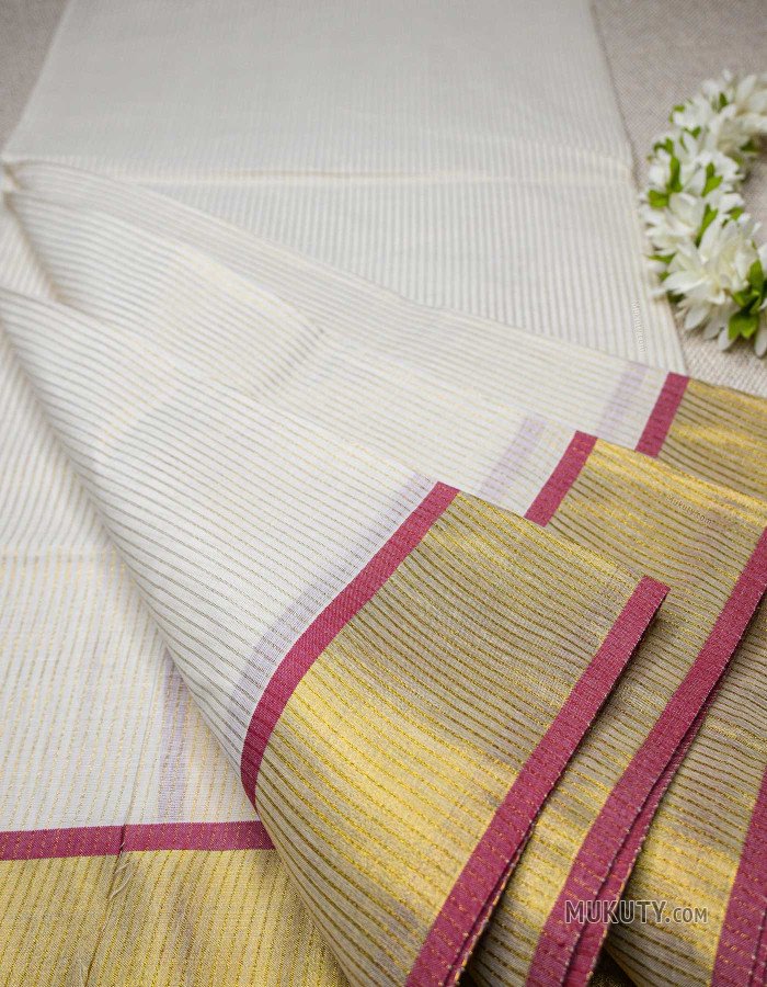 Kerala Traditional Golden Tissue Set Saree with Golden Line Design Red Kerala Traditional Golden Tissue Set Saree with Golden Line Design Red
