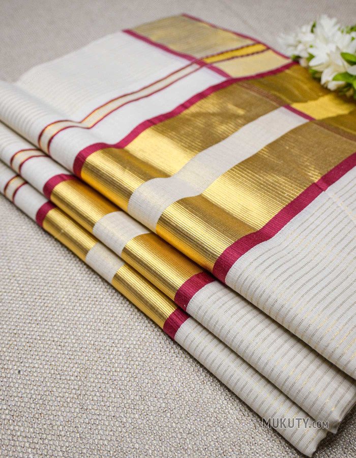 Kerala Traditional Golden Tissue Set Saree with Golden Line Design Red Kerala Traditional Golden Tissue Set Saree with Golden Line Design Red