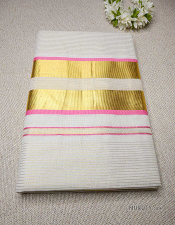 Kerala Traditional Golden Tissue Set Saree with Golden Line Design Pink