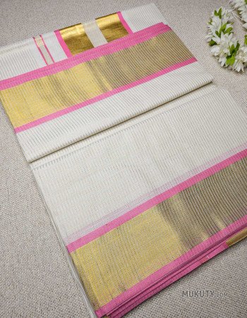 Kerala Traditional Golden Tissue Set Saree with Golden Line Design Pink